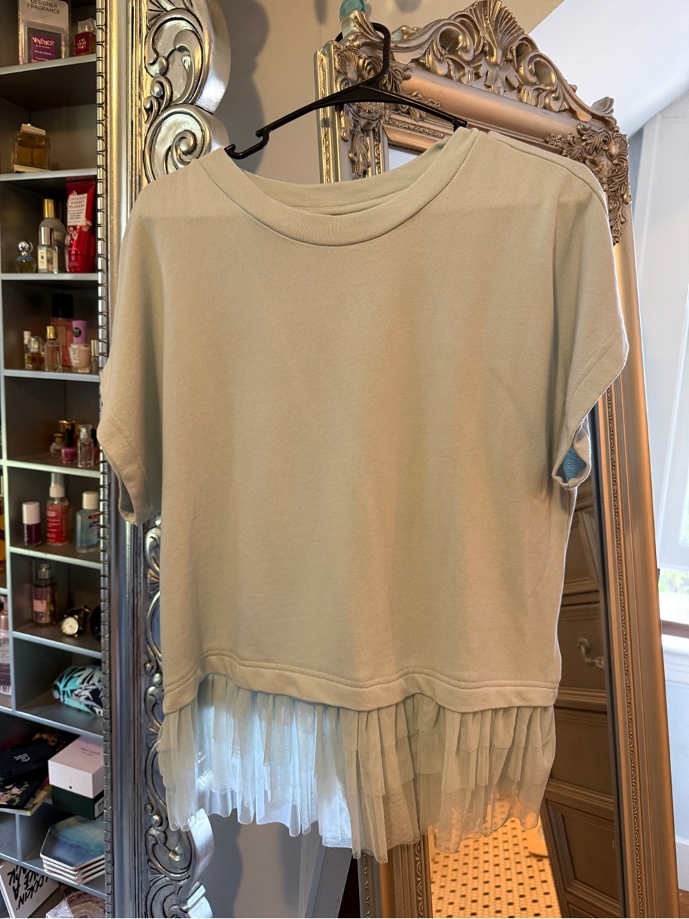 Maeve light blue Short Sleeve Top with Tulle Hem